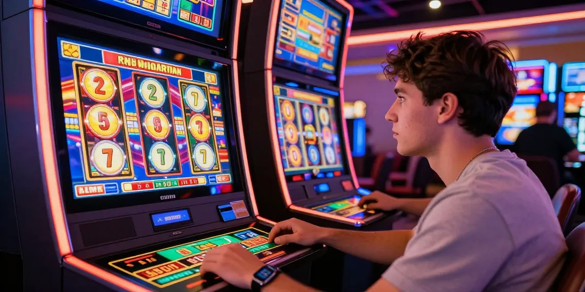 Exciting moment at credit card casinos with player engaged in colorful slot game, showcasing vibrant gaming atmosphere.