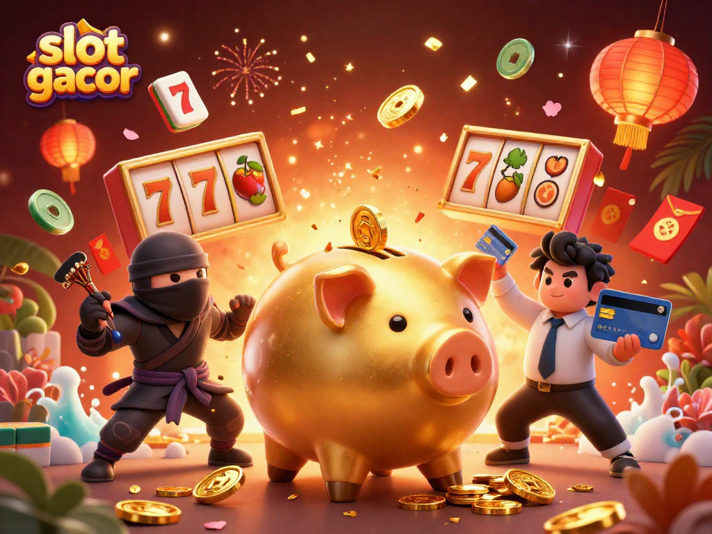 Permainan slot gacor yang menarik dengan karakter celengan emas dan simbol keberuntungan.