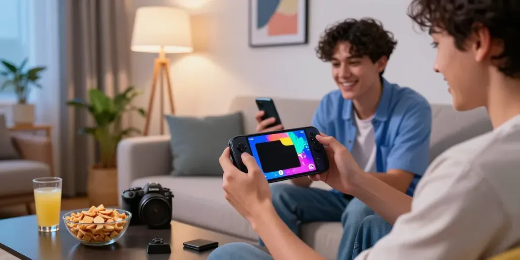 Youth enjoying gaming on DM first apk download in a cozy living room.
