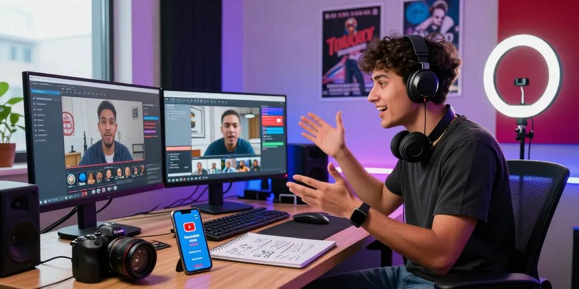 Junger Content Creator beim YouTube Abonnenten kaufen in einem modernen Home-Studio mit Kameras und Analytics-Displays.