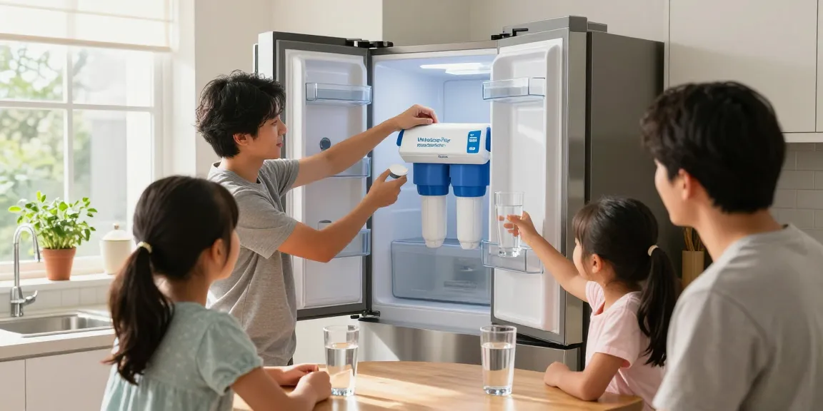 Family demonstrating the Waterdrop Plus XWF Replacement for GE® XWF water filter in a bright kitchen, emphasizing family health.