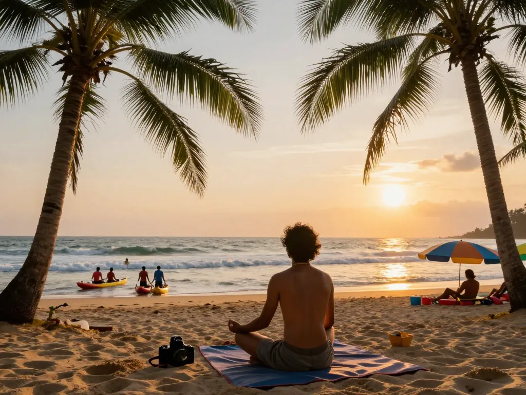 Gokarna resorts offering stunning beach views with travelers enjoying kayaking and meditation.