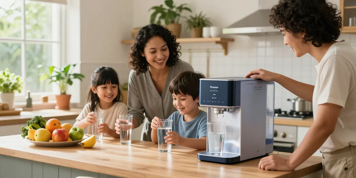 Crisp family enjoying clean water from advanced Water Filtration Systems in a bright modern kitchen.