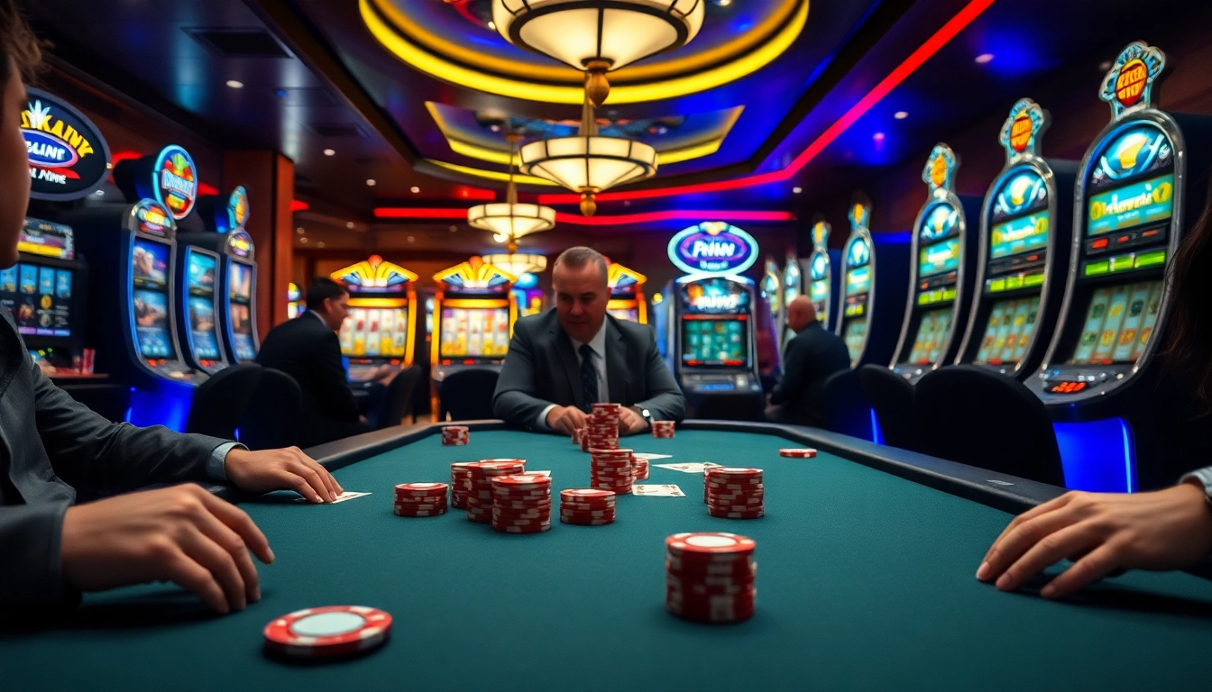Engaging scene of Non Uk Casino poker players at a vibrant table amidst slot machines.