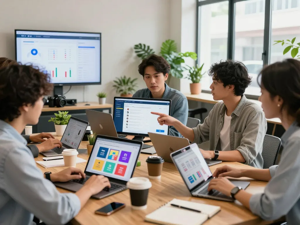 Buy PLR Digital Products in a vibrant coworking space, showcasing collaboration over digital platforms.