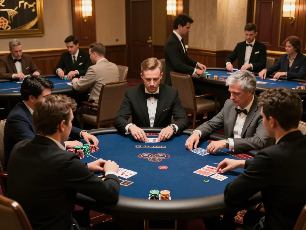 MM88 players intuitively strategizing at an upscale poker tournament table, focused gameplay atmosphere