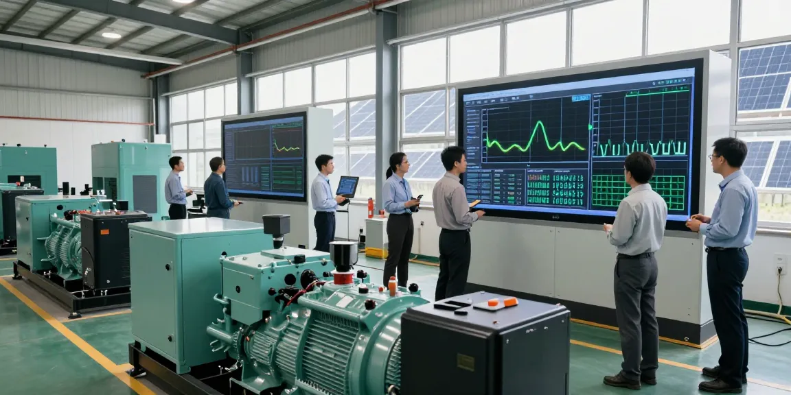 Engineers collaborating on industrial generator solutions in a modern facility.
