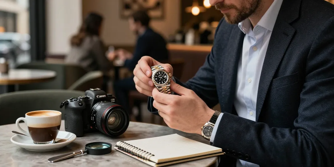 Exploring rolex super clone watches in an elegant café setting, showcasing luxury watch appreciation.