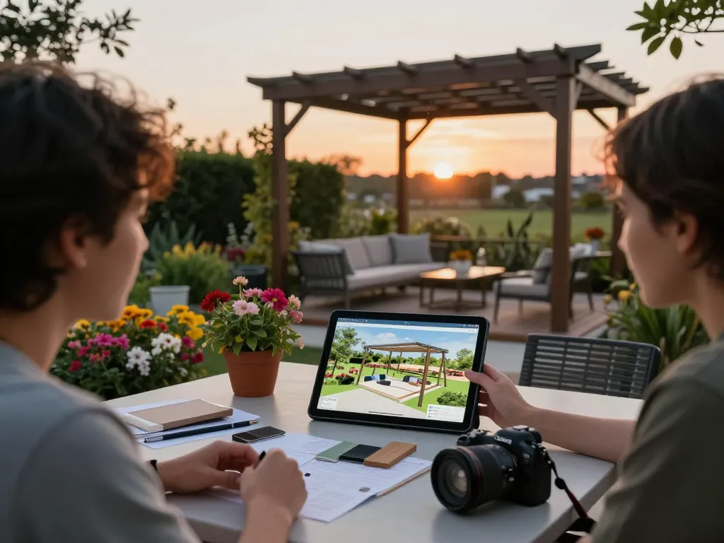3D Pergola Configurator in use as a designer and client collaborate outdoors on a stunning garden layout.