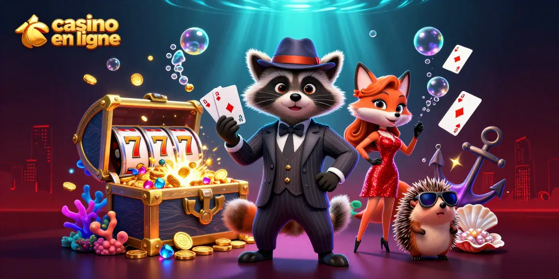 Illustration d'un casino en ligne avec un raton laveur élégant et une renarde, ambiance festive avec des machines à sous.
