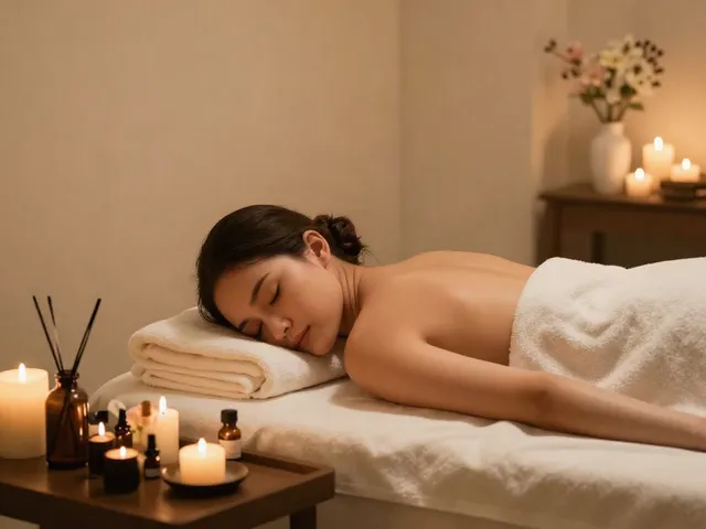 다낭 가라오케에서 편안한 스파 트리트먼트를 받는 모습, 아로마 테라피 분위기, 고급스러운 환경.