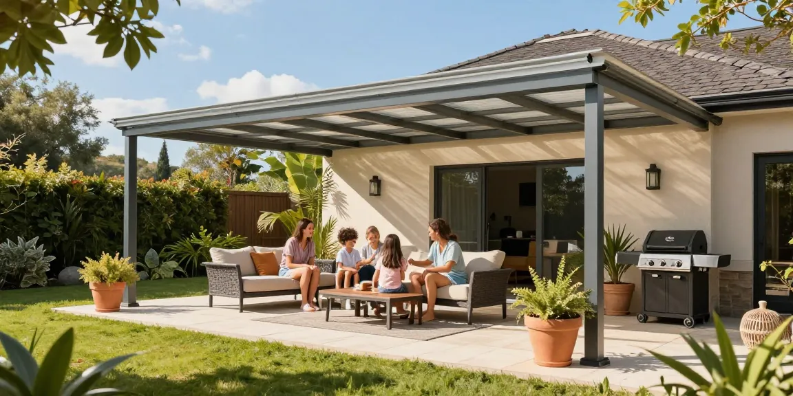 Moderne Terrassenüberdachung in einem einladenden Garten mit Familie, die einen sonnigen Tag genießt.