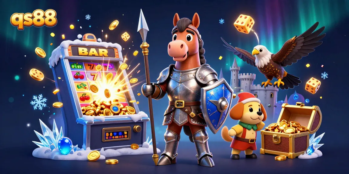 Experience big wins at qs88 with a stunning medieval knight scene surrounded by vibrant casino game elements.