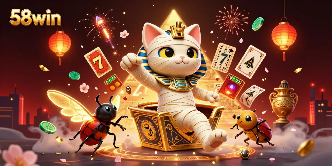 Engage with 58win's vibrant casino scene featuring an Egyptian mummy cat and slot game elements.