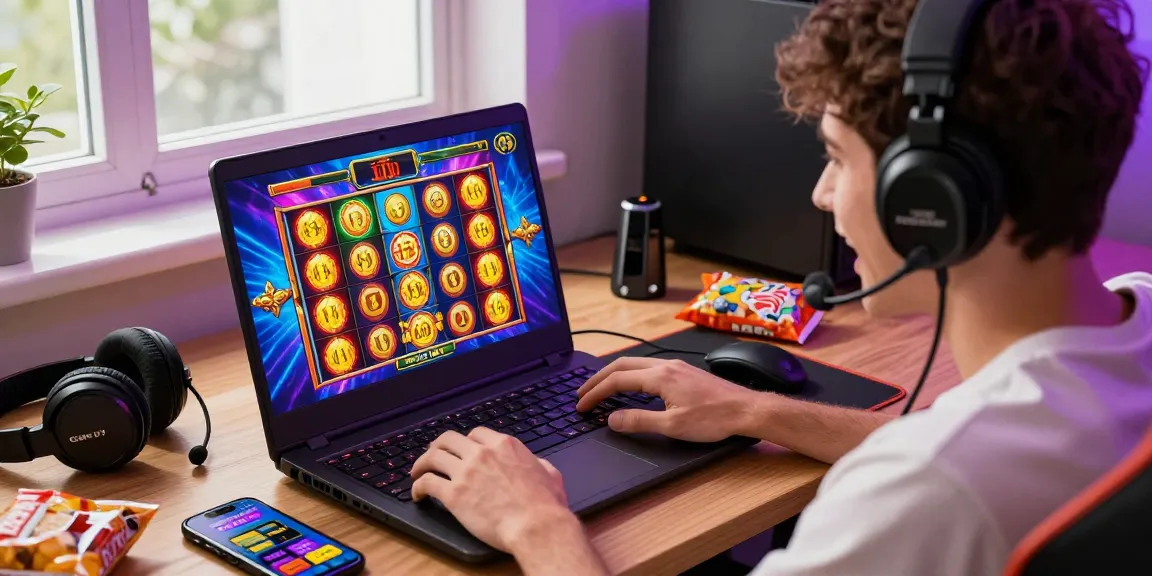 Pengguna cipung138 menikmati permainan slot online dengan antusias sambil dikelilingi elemen grafis yang cerah dan dinamis.