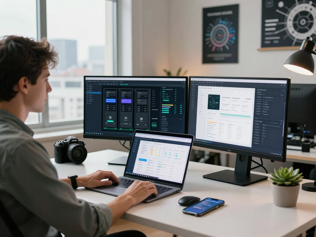 Espacio de trabajo web hosting en México con especialista gestionando servidores y analíticas.