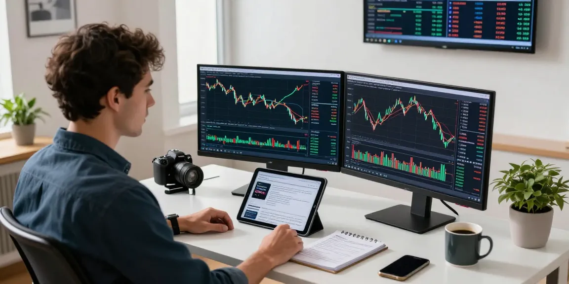 Trader using MetaTrader 4 on multiple monitors in a modern home office environment.
