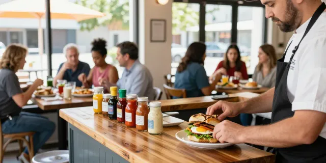 Enjoying breakfast near me (Austin Texas area) with NYC-inspired sandwiches and vibrant café atmosphere.