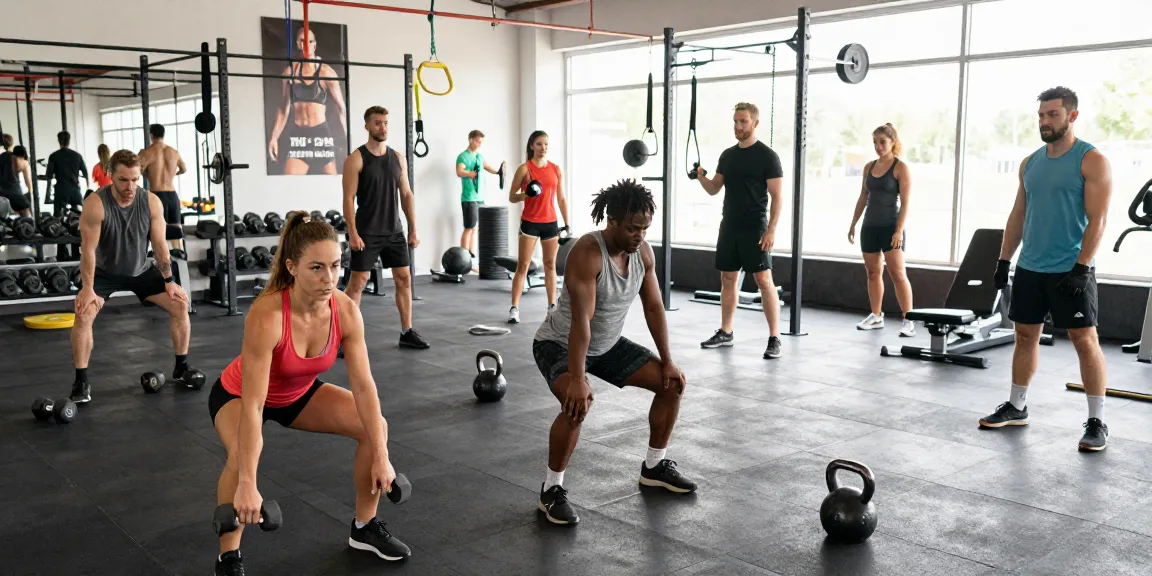 Aktive Fitnessgemeinschaft im Selliza Shop, die gemeinsam trainiert und motiviert.