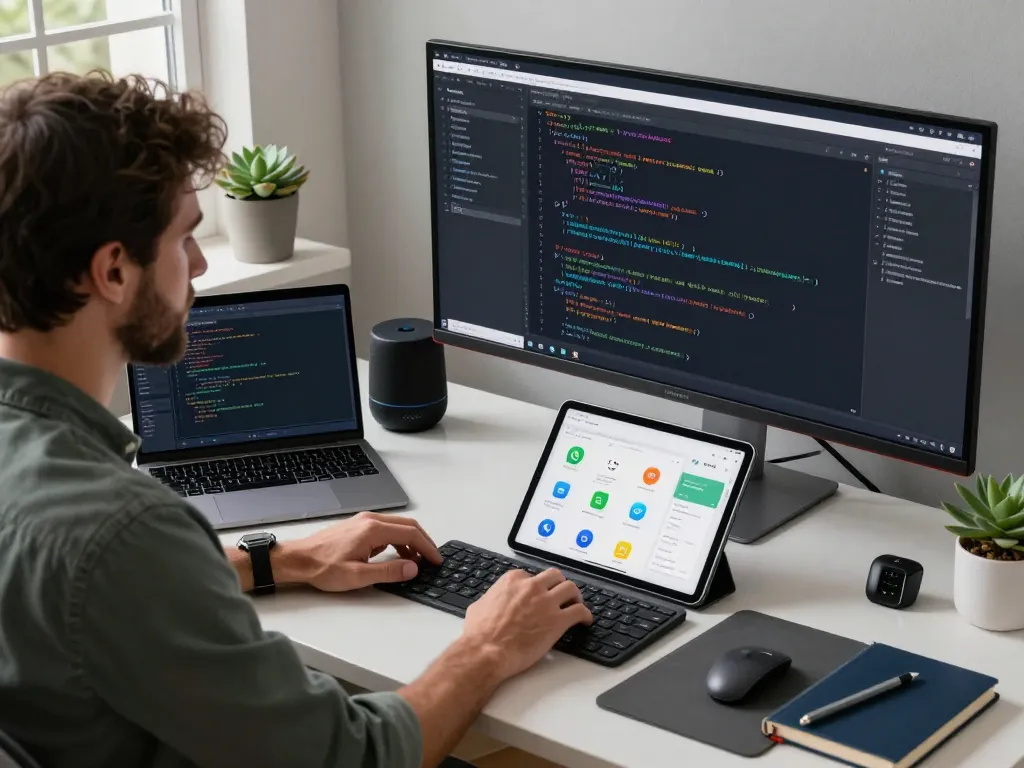 Developer working with Clawdbot interface in a modern office setup, showcasing smart tech integration.