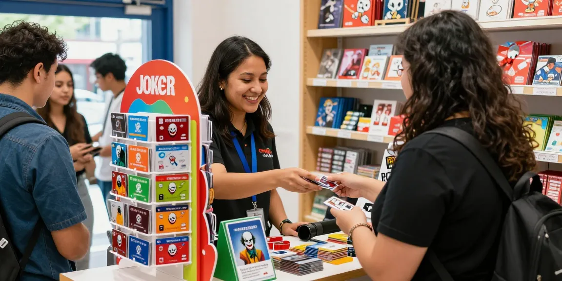 Joker card balance check at a retail store with friendly employee assisting customers.
