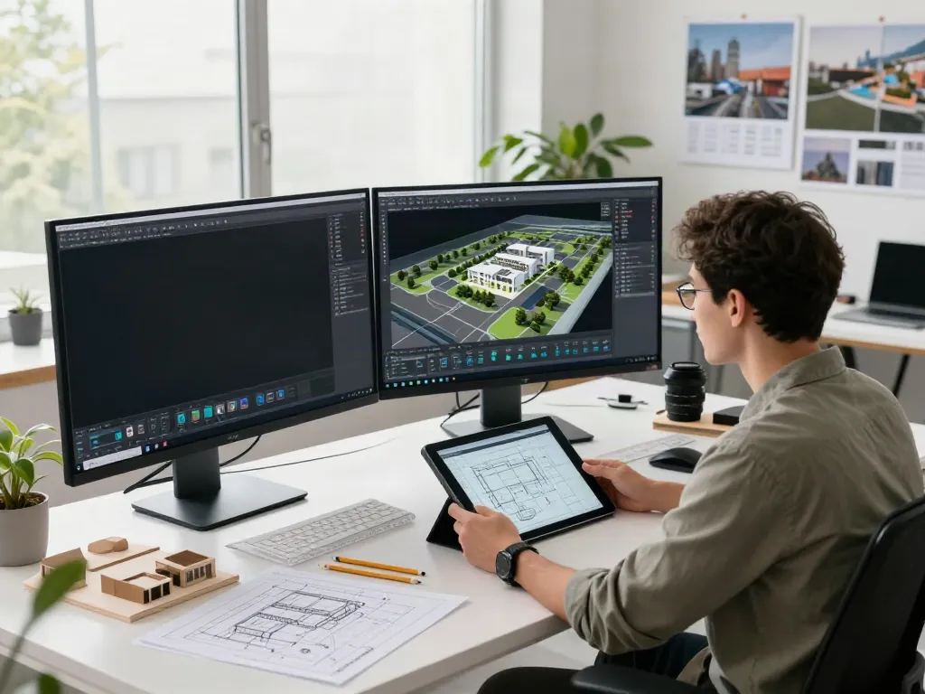 3D modelling workspace with digital designs, tools, and natural light.
