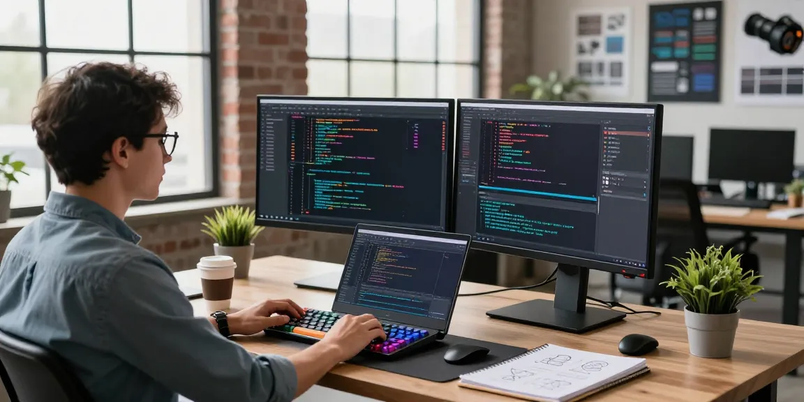 Developer using 截图软件 on dual monitors in a modern workspace.