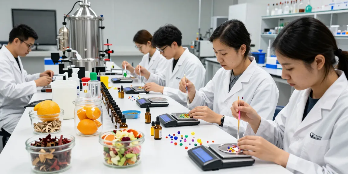 Fragrance Beads Manufacturer blending scents in a modern lab with vibrant ingredients and advanced equipment