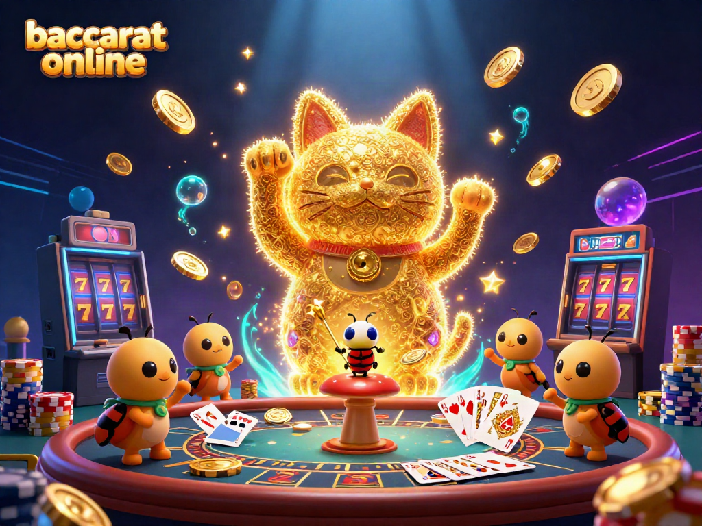 Experience baccarat online with dynamic casino elements illustrated in a vibrant and engaging scene.