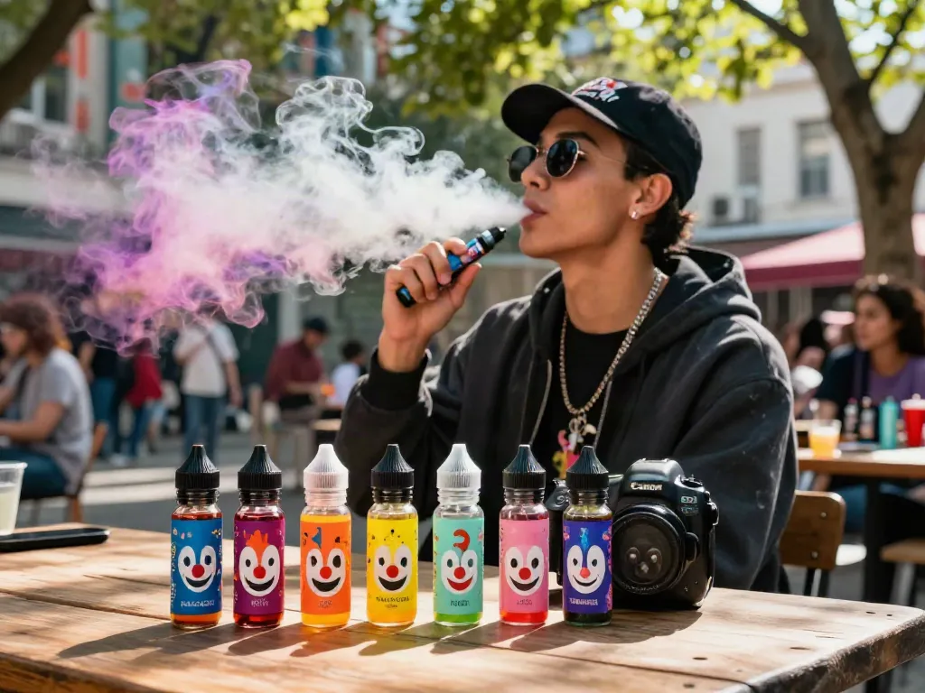 Enjoying clown vape juice outdoors with colorful vapor clouds in urban setting.