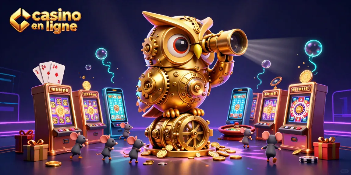 Venez découvrir le monde des jeux avec casino en ligne, illustré par une chouette dorée mécanique et des souris animées.