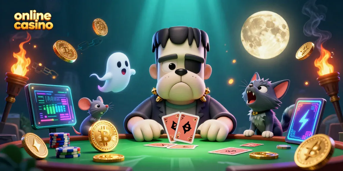 Experience online casino excitement with a spooky green-lit table and animated characters in a vibrant scene.
