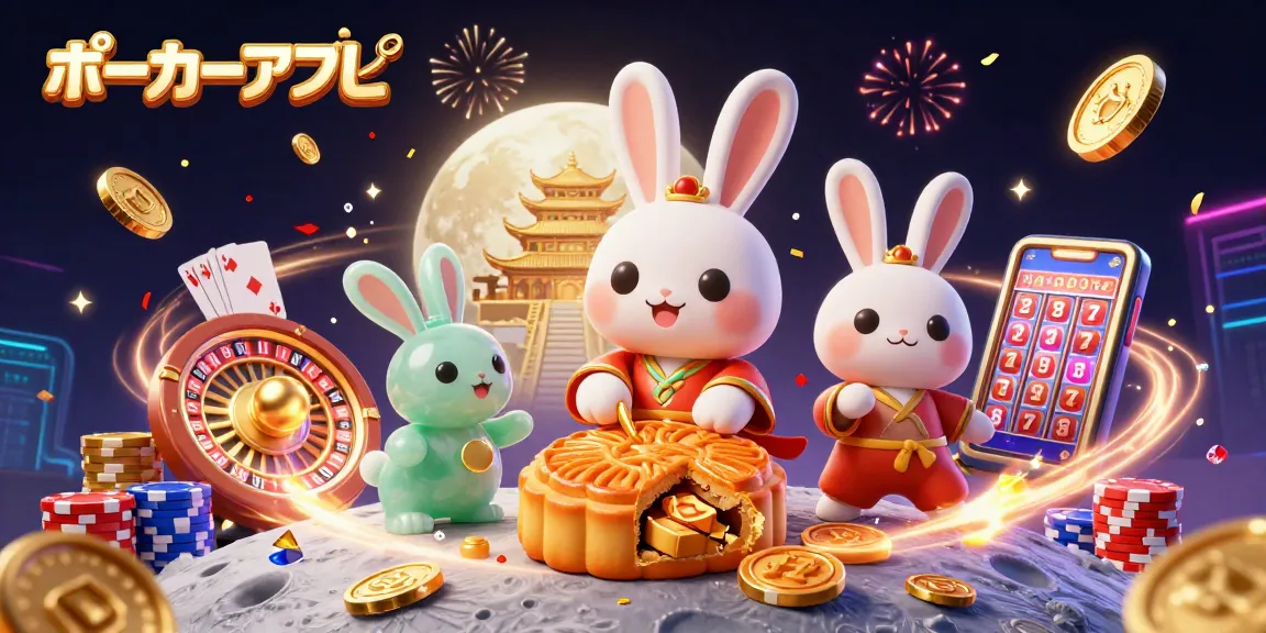 ポーカーアプリで賭けを楽しむ3Dウサギのイラスト、豪華なコインやポーカーの要素が満載。