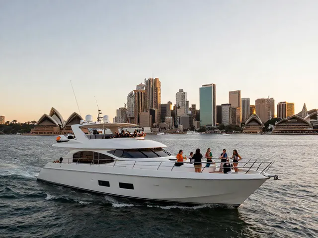 Happy guests celebrating on a luxury yacht in Sydney Harbour.