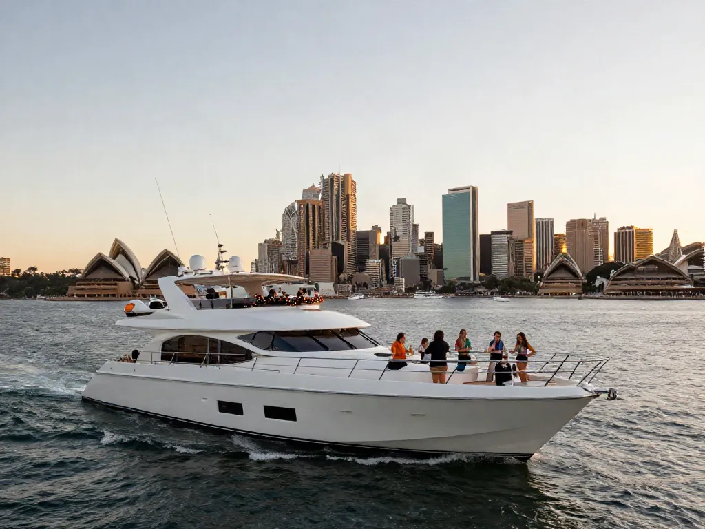 Happy guests celebrating on a luxury yacht in Sydney Harbour.