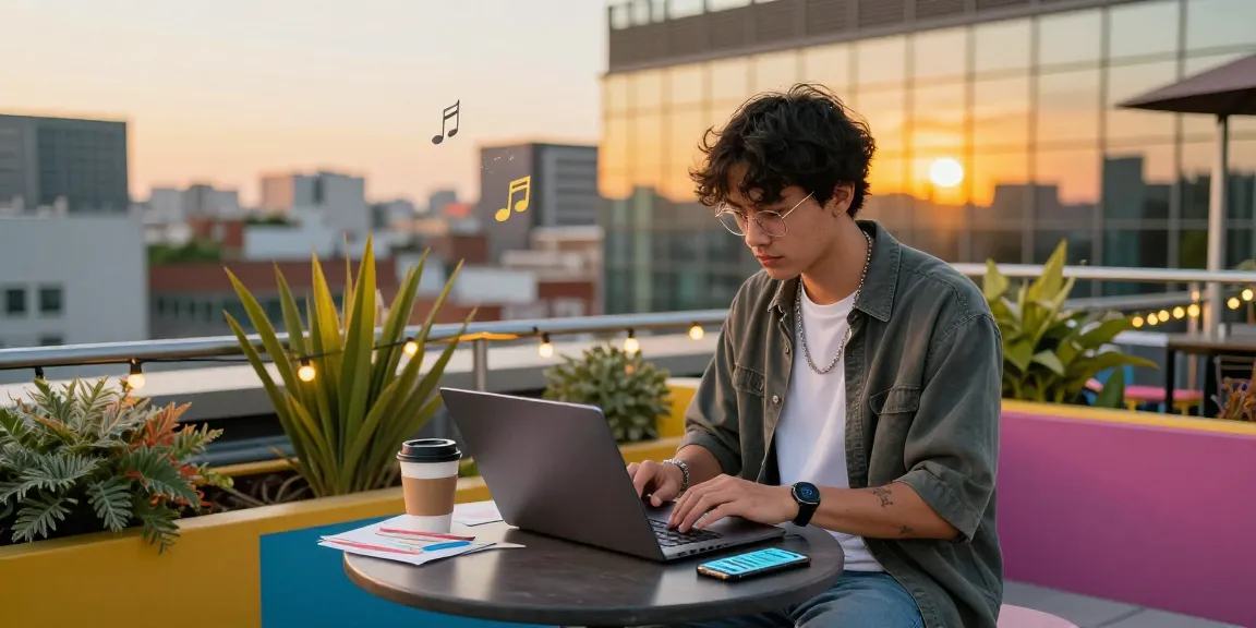 Stylish individual immersed in work at batmanloyal.com rooftop terrace, city skyline at sunset.