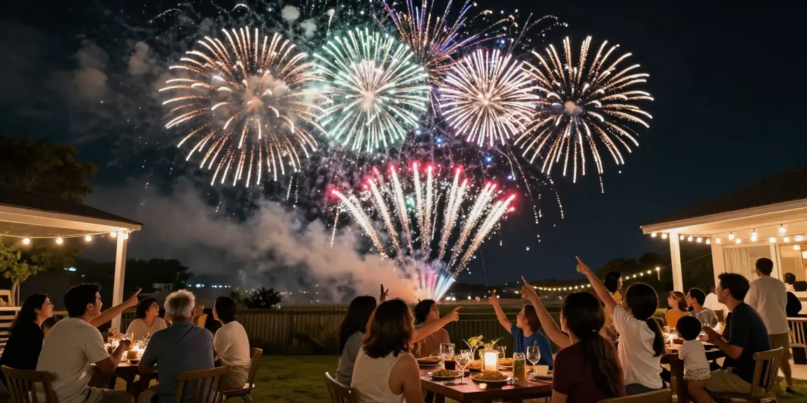 Fireworks for sale showcased in lively backyard celebration with friends and family enjoying a vibrant display.