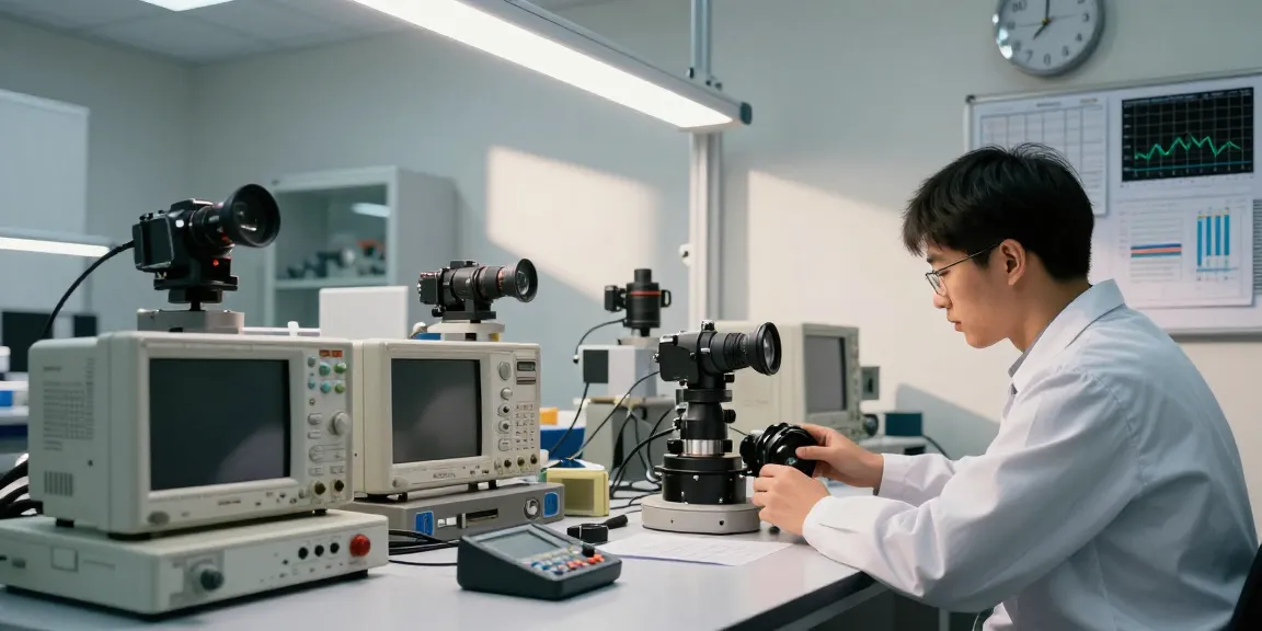 Geophone testing in a professional lab with equipment and technician analyzing data.