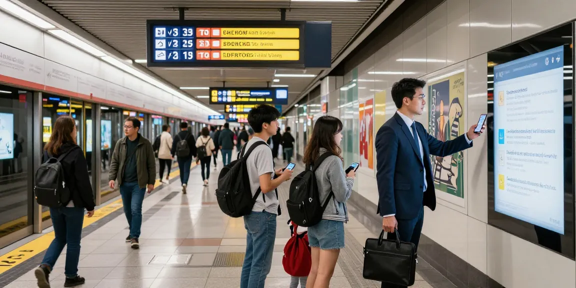 Real-time subway service alerts displayed at busy urban station with diverse commuters.