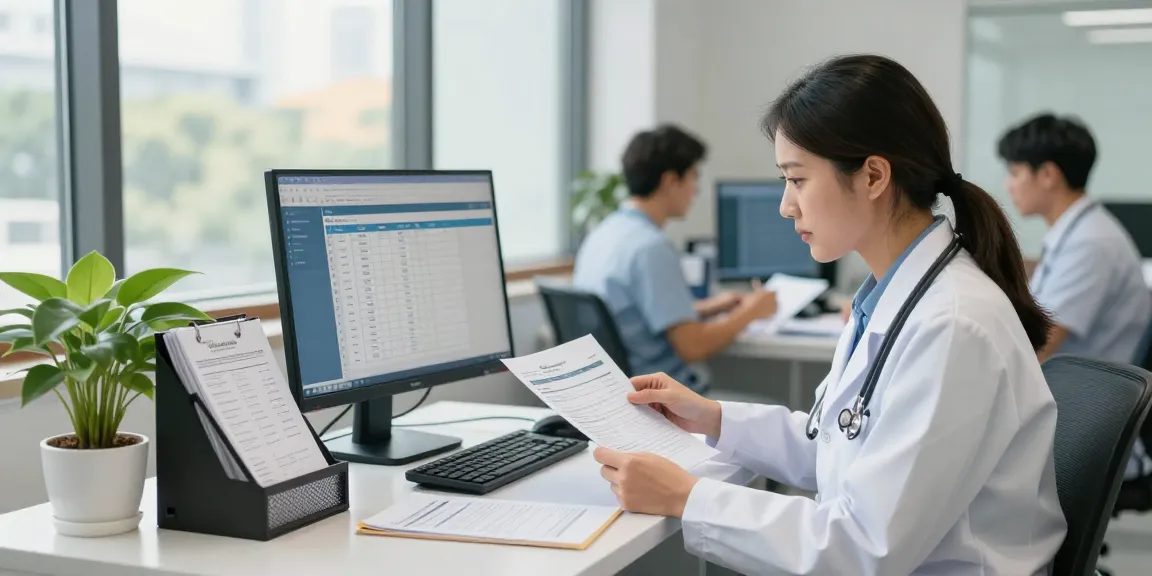 Sovereign Revenue management in a healthcare office, showcasing billing professionals collaborating over patient accounts for efficient revenue cycle management.