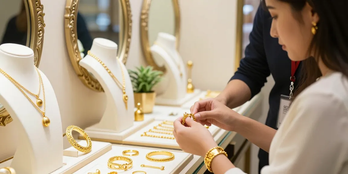 Gold price for today in Malaysia displayed in a luxurious jewelry shop with elegant gold pieces.