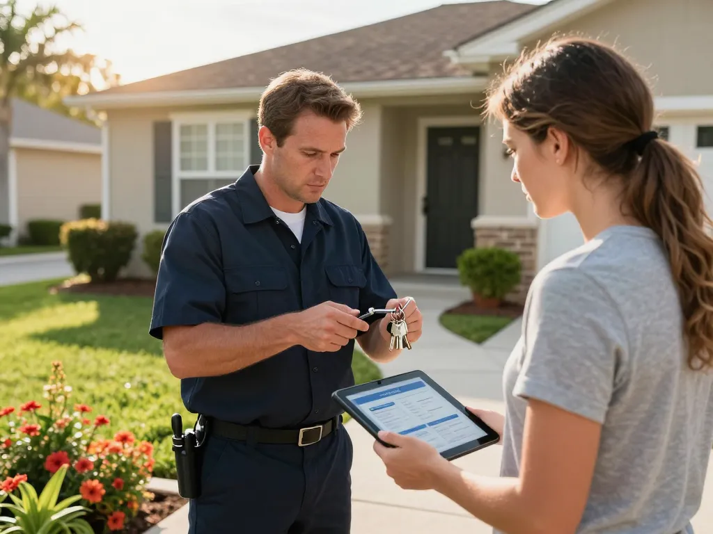 Expert locksmith vero beach fl assisting homeowner with lock issue and tools.