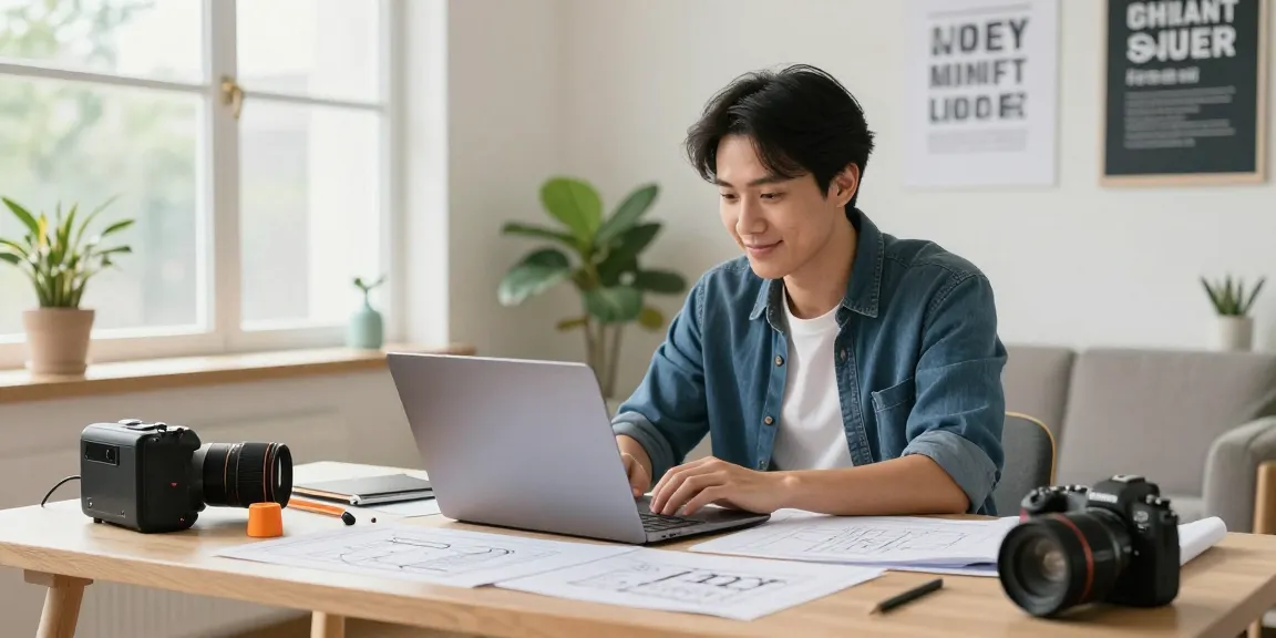 Self-employed contractor working on a laptop with tools and plans in a bright home office.