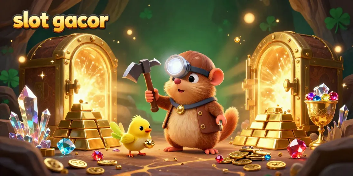 Engage with slot gacor themes featuring a treasure hunter mole revealing riches in a vibrant, gem-filled cave.