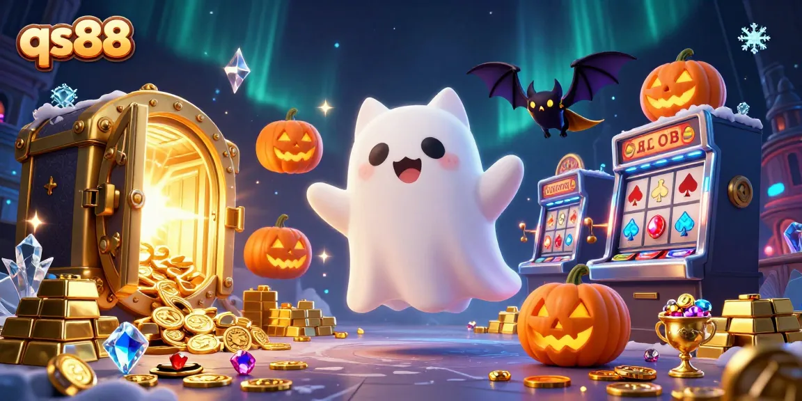 Experience the thrill of qs88 with a ghost cat in a vibrant, haunted casino setting.