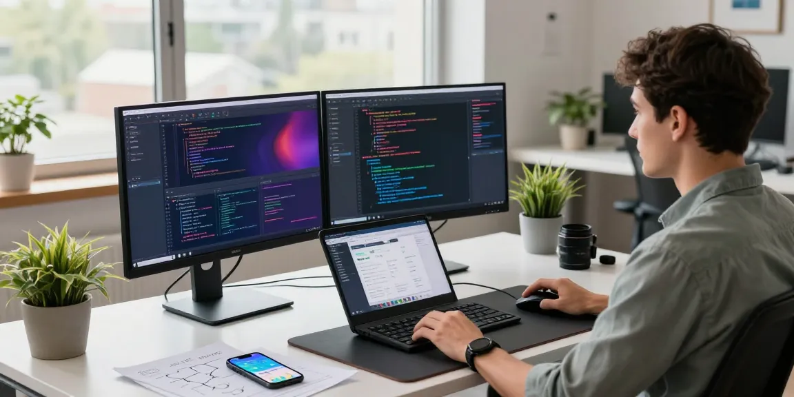 Developer working on telegramin-cn.com in a modern tech workspace with vibrant screens and natural light.