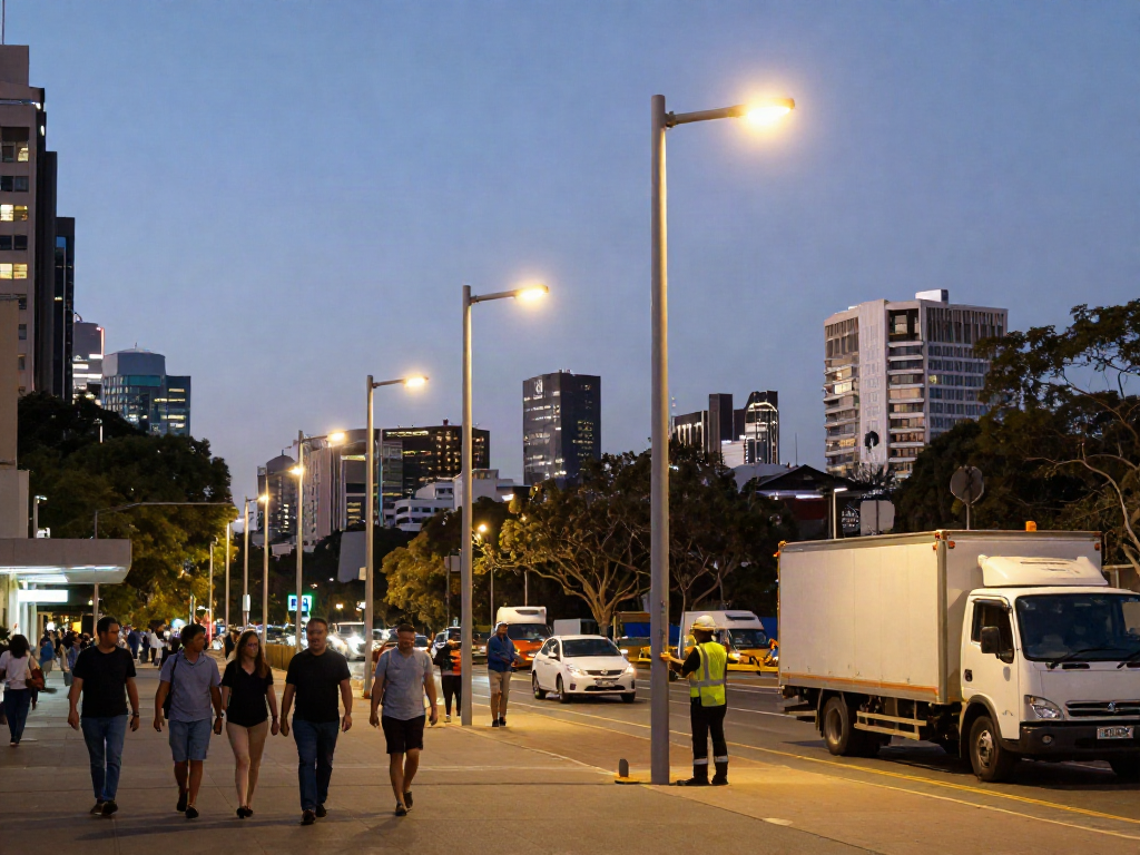 Showcasing street light poles suppliers Australia with urban pedestrians and logistics in evening glow.