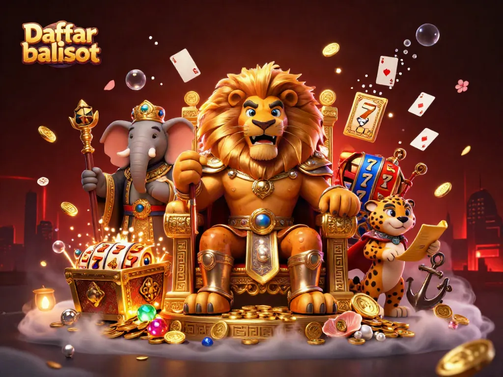 Engage with Daftar balisot's vibrant 3D casino scene featuring a lion king and dynamic slot games.