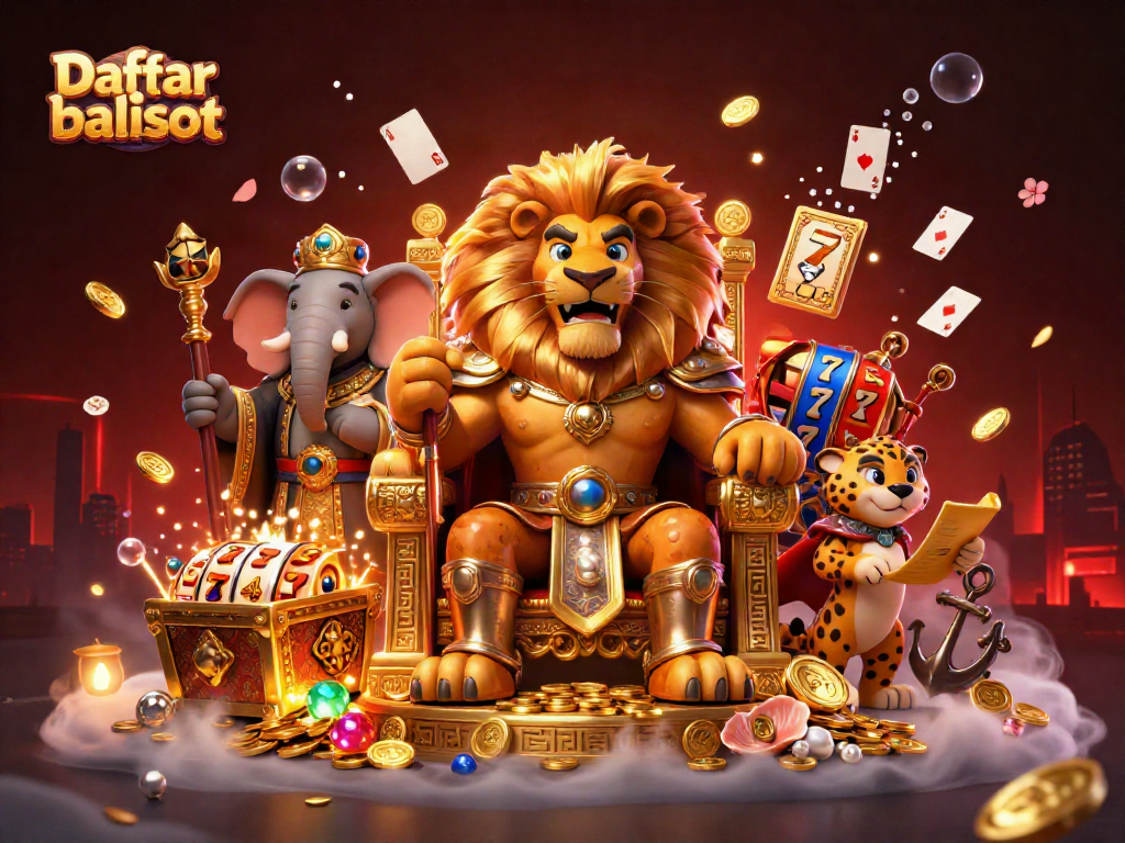 Engage with Daftar balisot's vibrant 3D casino scene featuring a lion king and dynamic slot games.