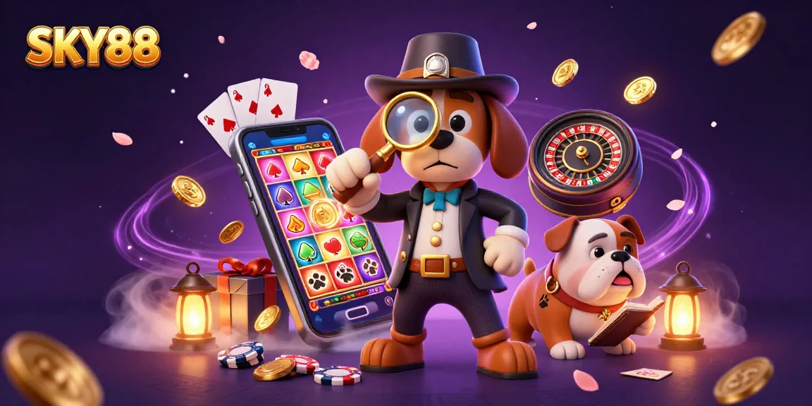 SKY88 showcases a detective theme with a bloodhound exploring casino treasures and gaming elements.